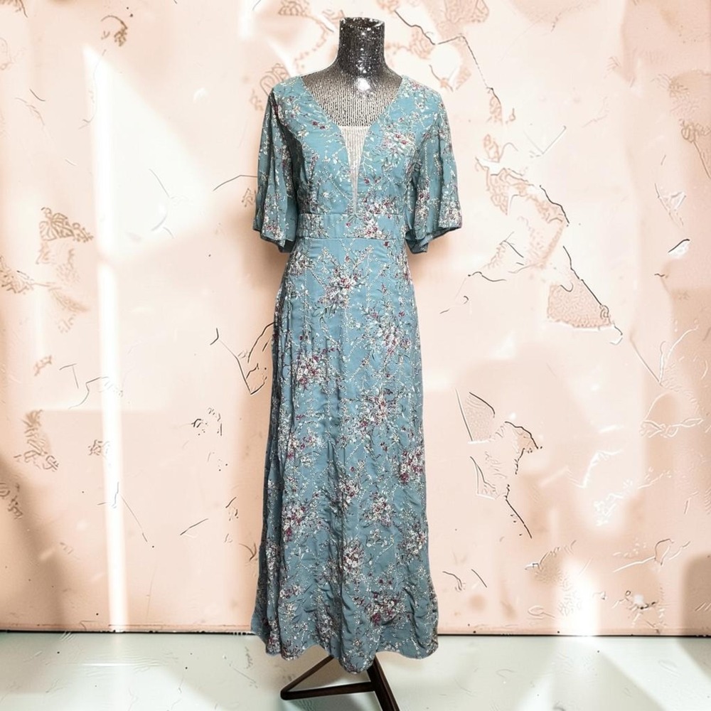 Floral Metallic Maxi Dress Flutter Sleeve Empire Waist Blue Romantic Party 1XL